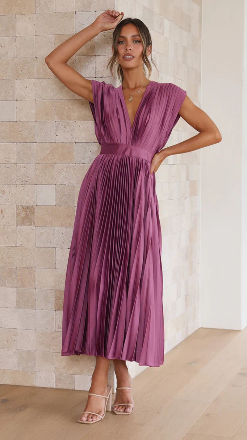 MADISYN - FLOWY V-NECK PLEATED SKIRT DRESS