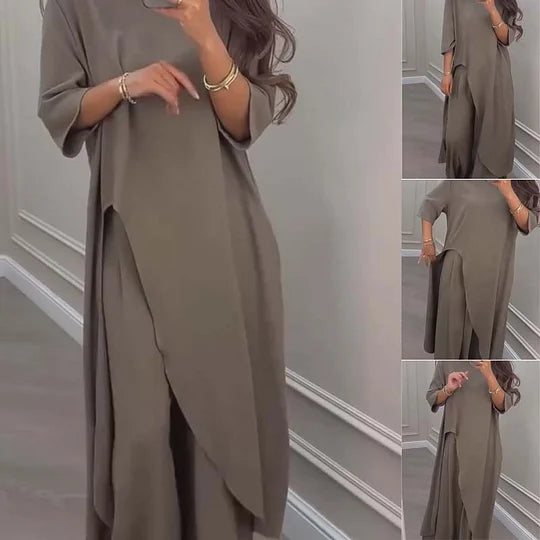 GRACIOUS - SOLID TONE ASYMMETRIC TOP AND PANTS SET