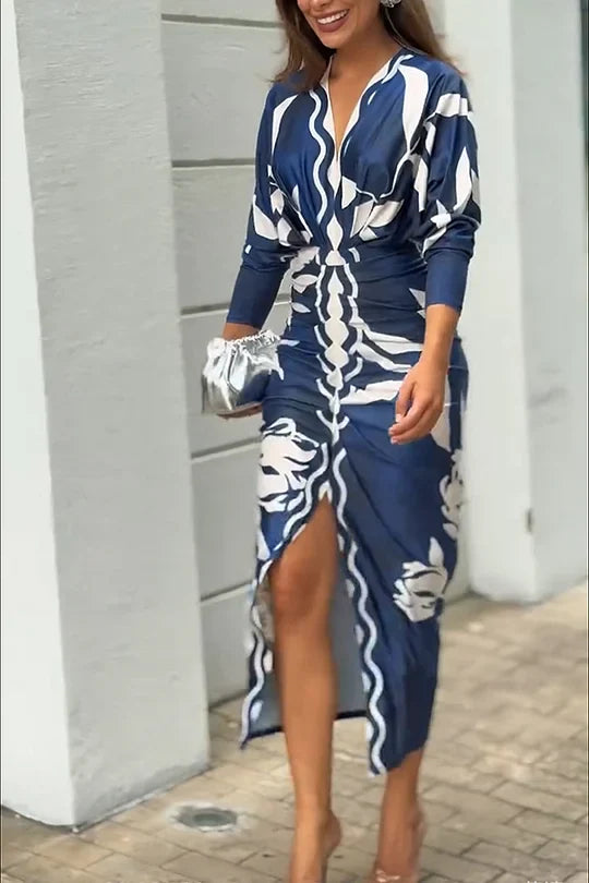 EUGENIA - BRAZILIAN INSPIRED PRINT RUCHED SLIT DRESS