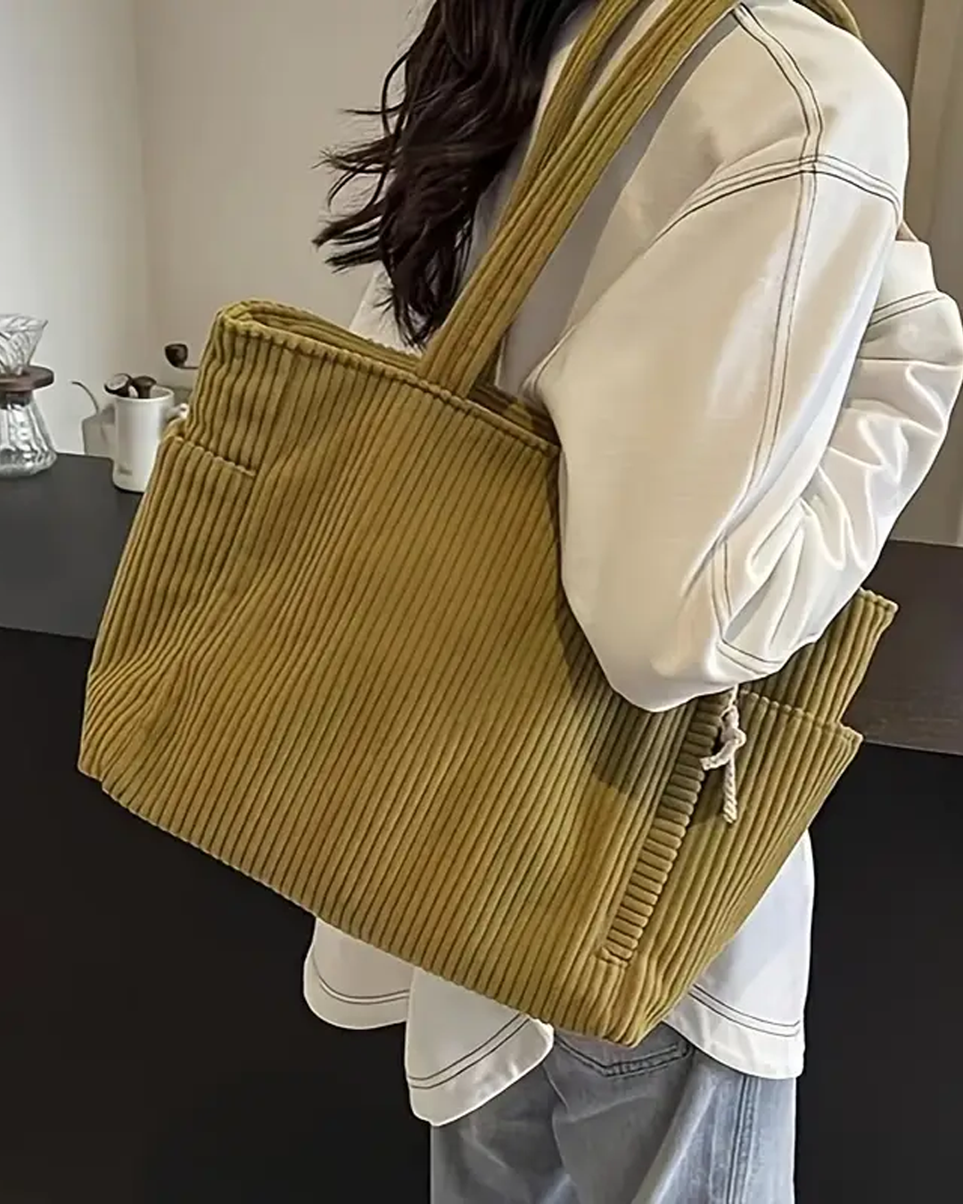 RAMONA – RIBBED TOTE BAG WITH DRAWSTRING DETAIL