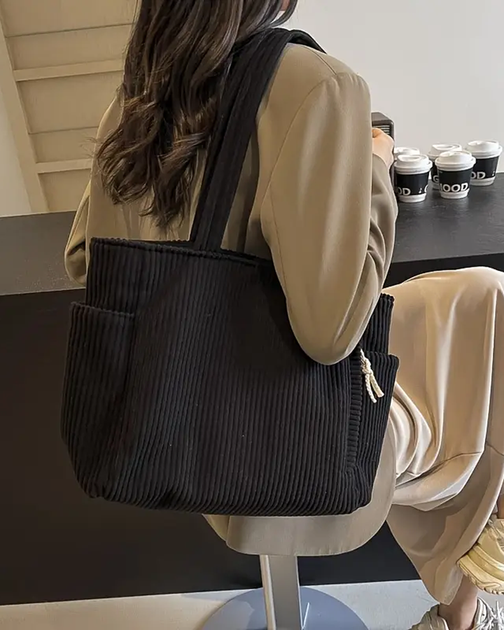 RAMONA – RIBBED TOTE BAG WITH DRAWSTRING DETAIL