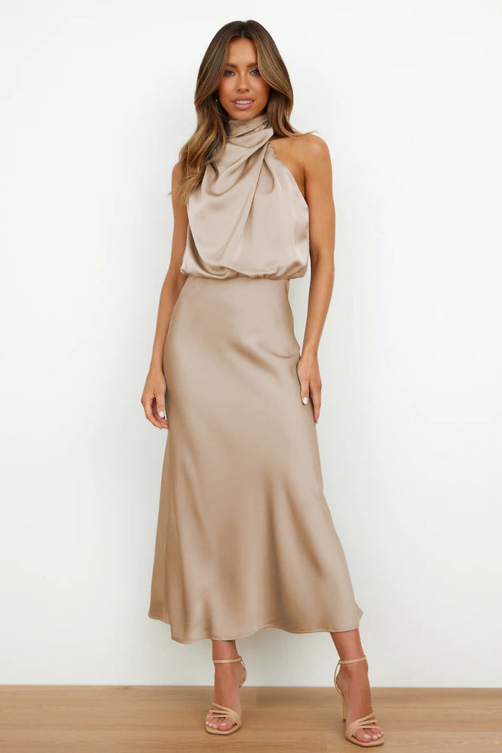 VENUS - SATIN HALTER MIDI DRESS