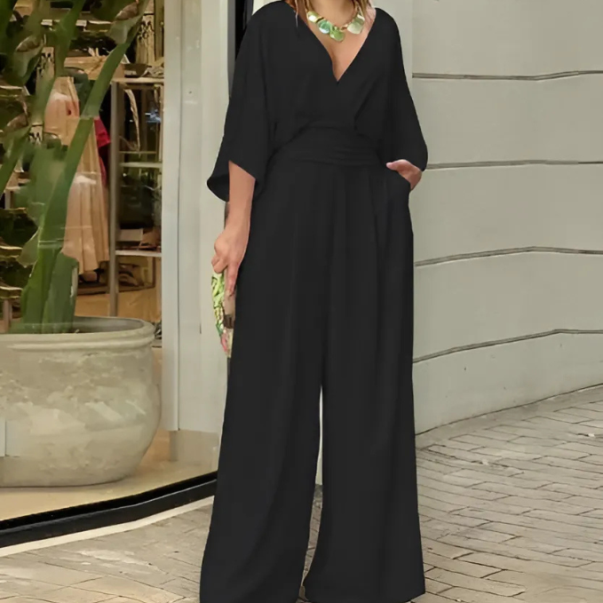 SOLIVEN - FLOWY SLEEVE WIDE-LEG SOLID ELEGANT JUMPSUIT