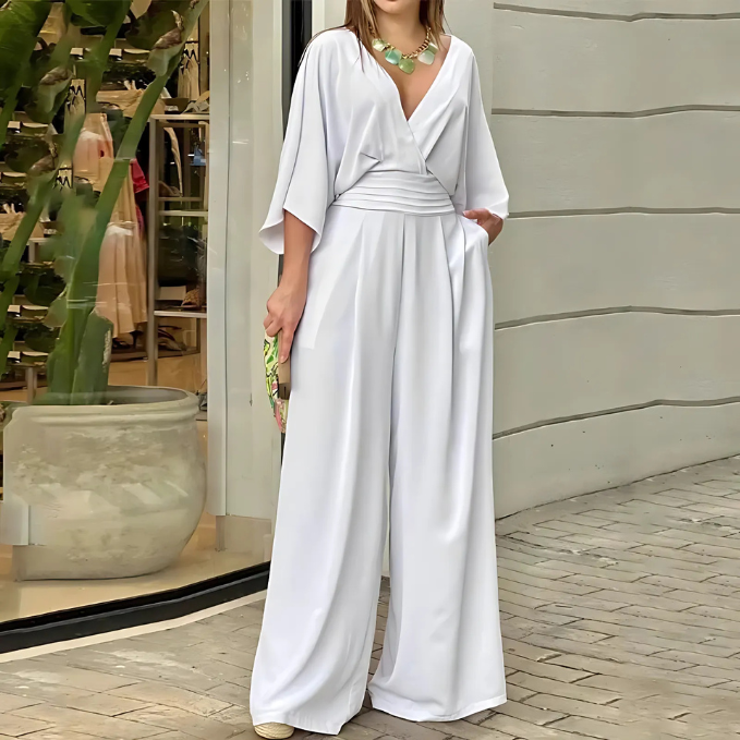SOLIVEN - FLOWY SLEEVE WIDE-LEG SOLID ELEGANT JUMPSUIT