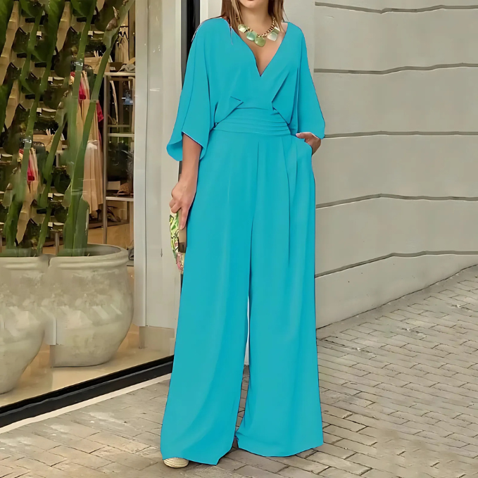 SOLIVEN - FLOWY SLEEVE WIDE-LEG SOLID ELEGANT JUMPSUIT