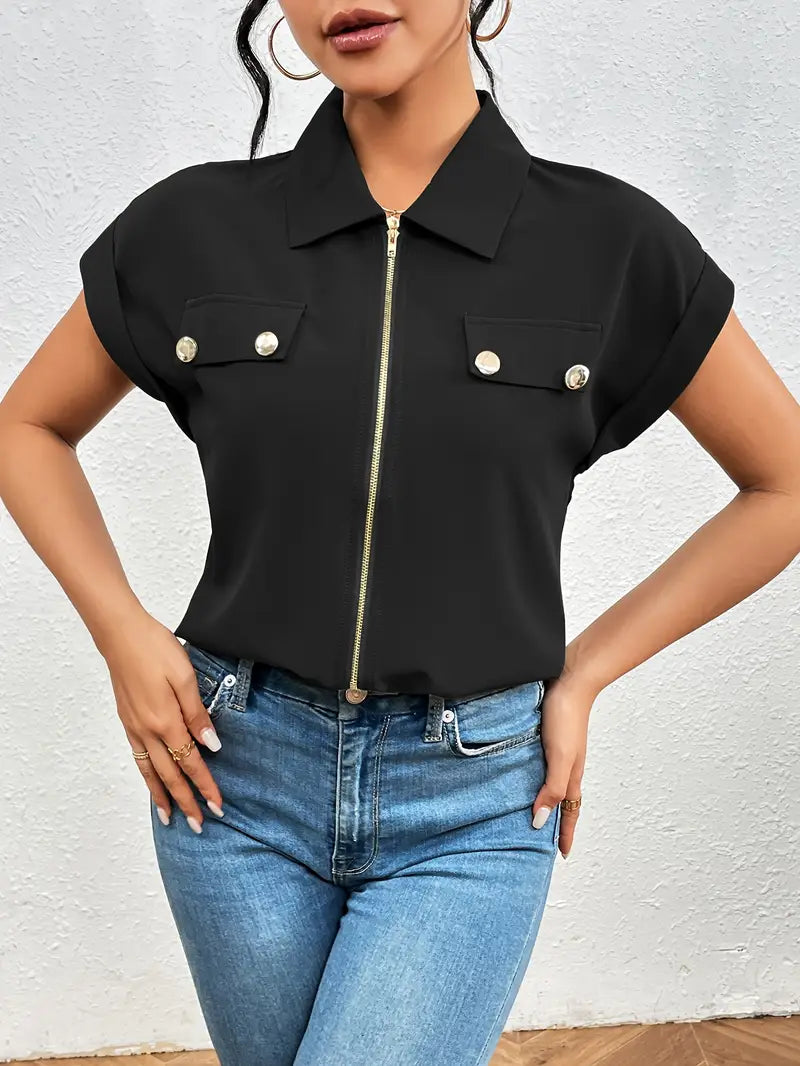 SAFIRA - ZIP-FRONT SHORT SLEEVE BLOUSE