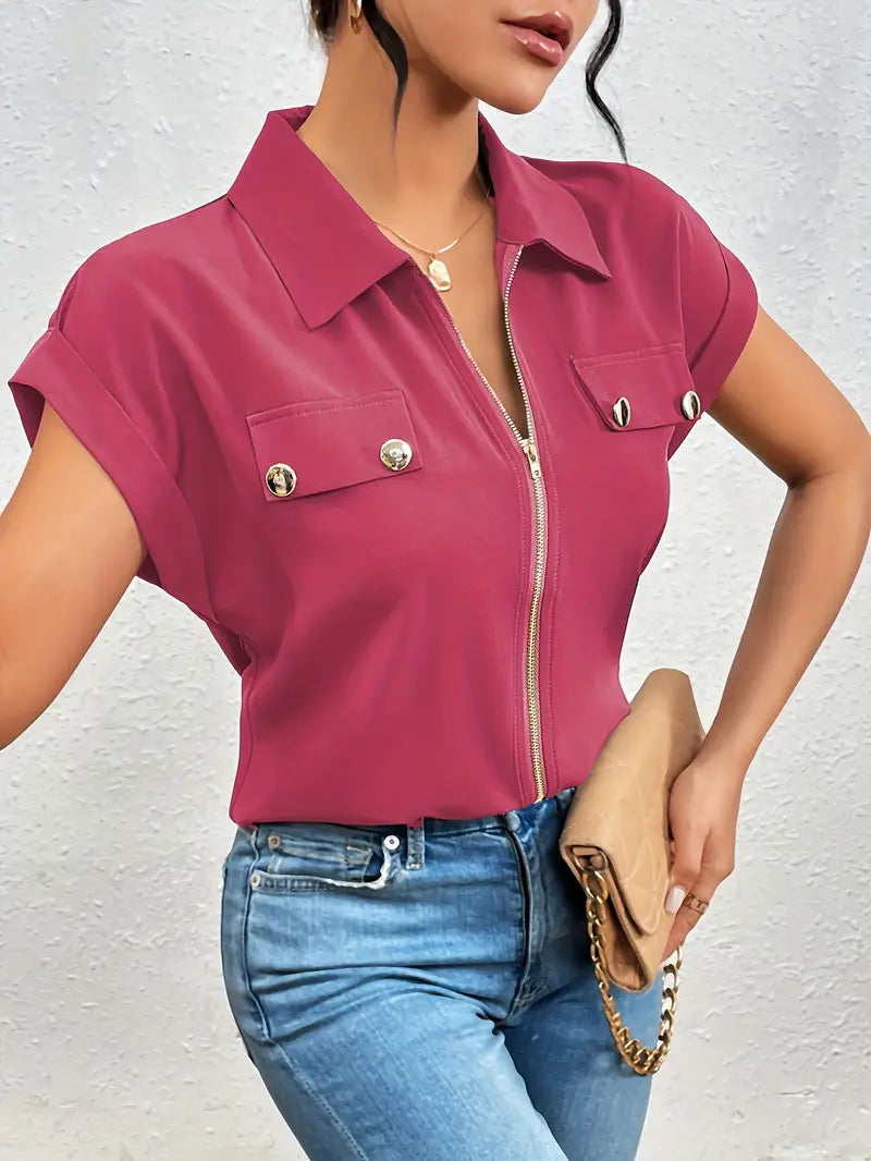 SAFIRA - ZIP-FRONT SHORT SLEEVE BLOUSE