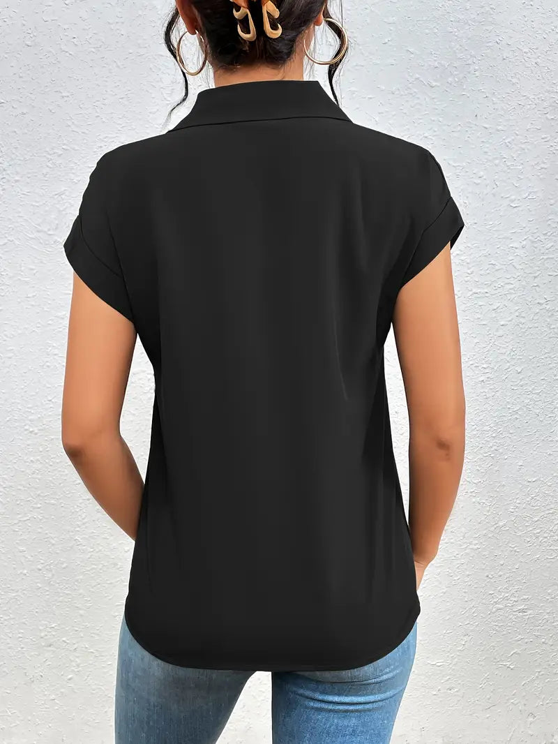 SAFIRA - ZIP-FRONT SHORT SLEEVE BLOUSE