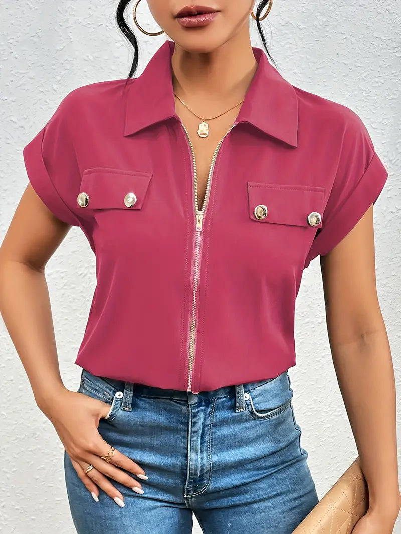SAFIRA - ZIP-FRONT SHORT SLEEVE BLOUSE