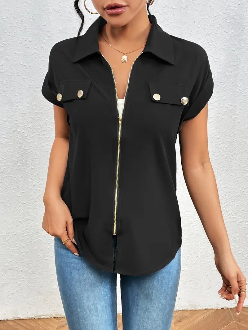 SAFIRA - ZIP-FRONT SHORT SLEEVE BLOUSE