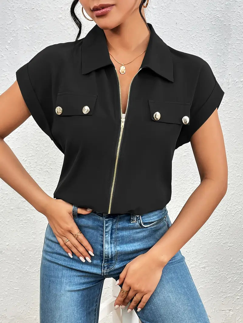 SAFIRA - ZIP-FRONT SHORT SLEEVE BLOUSE