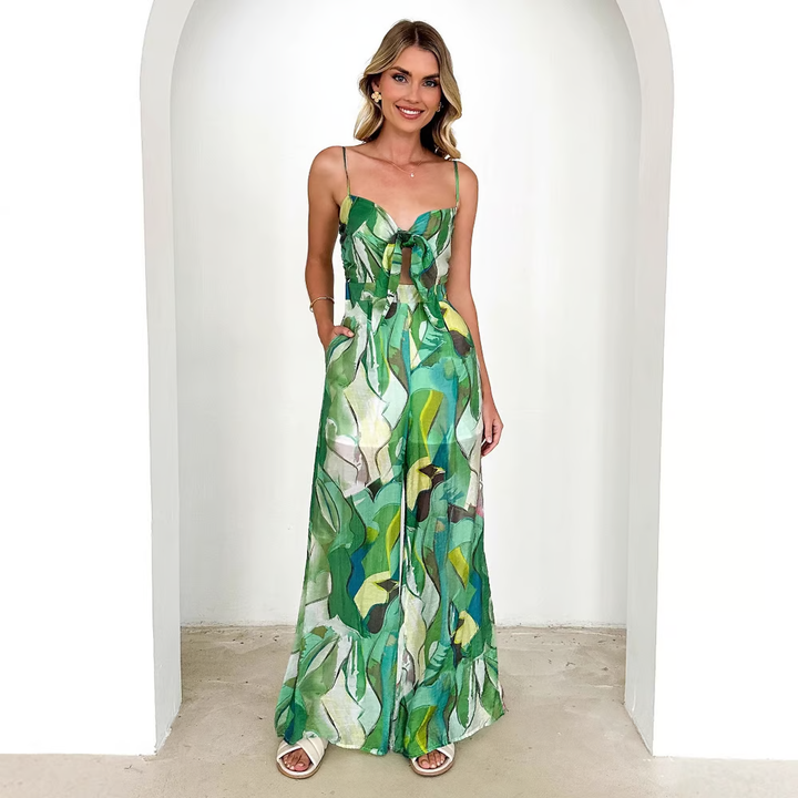 Jamie - Printed tie straps and bowknots jumpsuit
