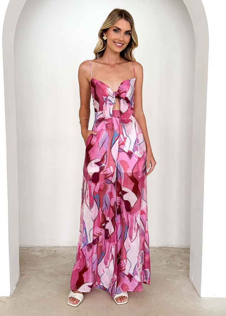 Jamie - Printed tie straps and bowknots jumpsuit