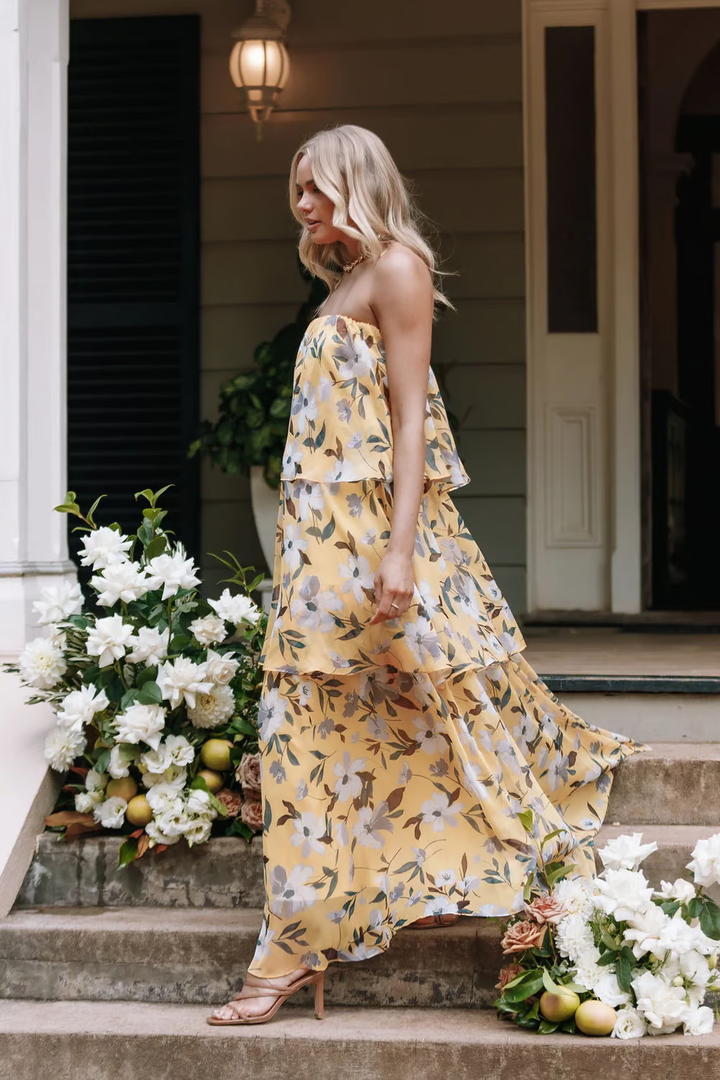 Chelsea - Off Shoulder Bandeau Printed Tiered Maxi Dress