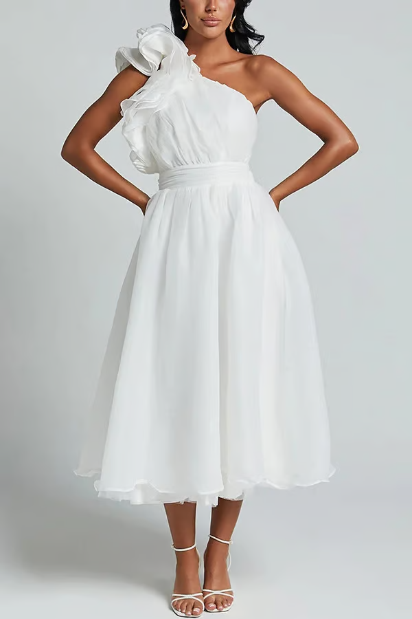 Jelly - Oblique Shoulder Ruffle Maxi Dress