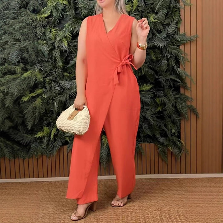 MENDOZA - CHIC SOLID V-NECK TIE WAIST JUMPSUIT