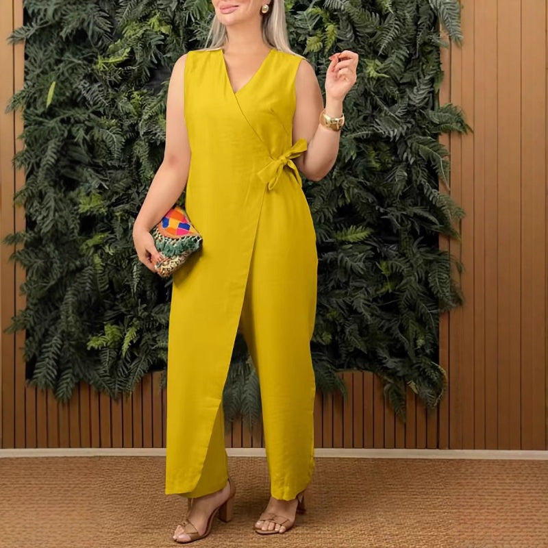 MENDOZA - CHIC SOLID V-NECK TIE WAIST JUMPSUIT